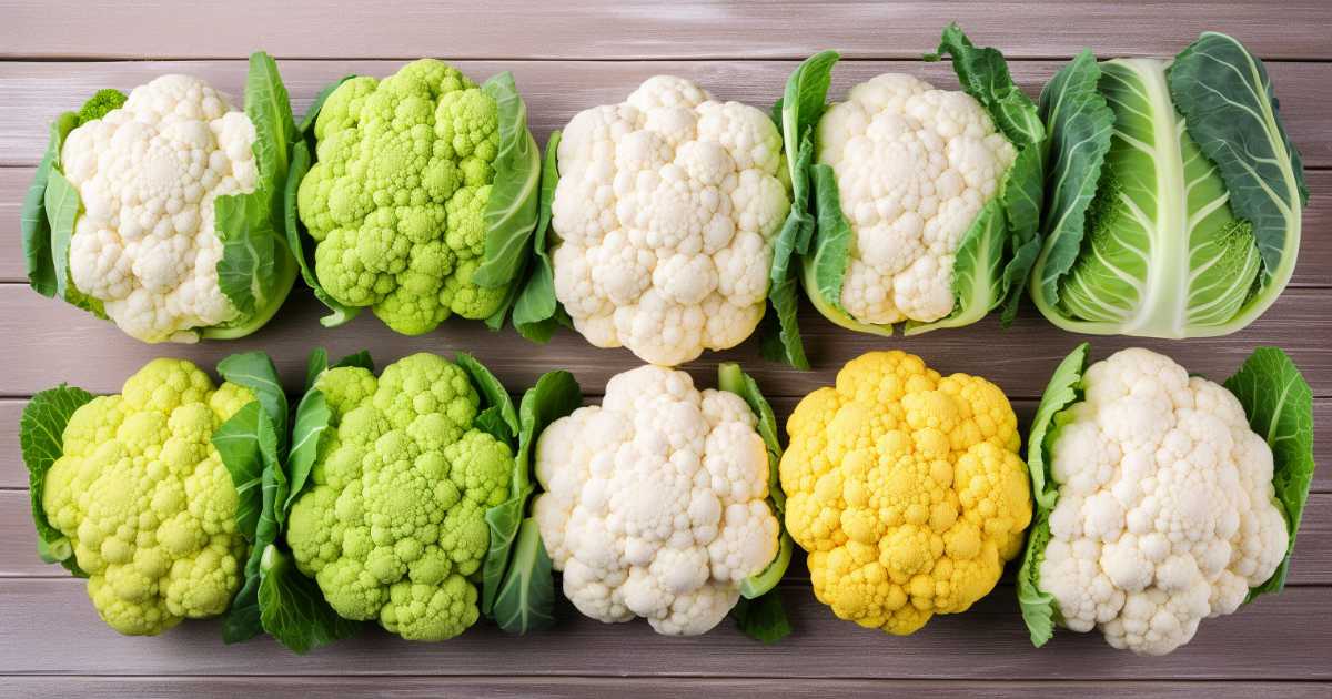 Multiple different colored cauliflowers.
