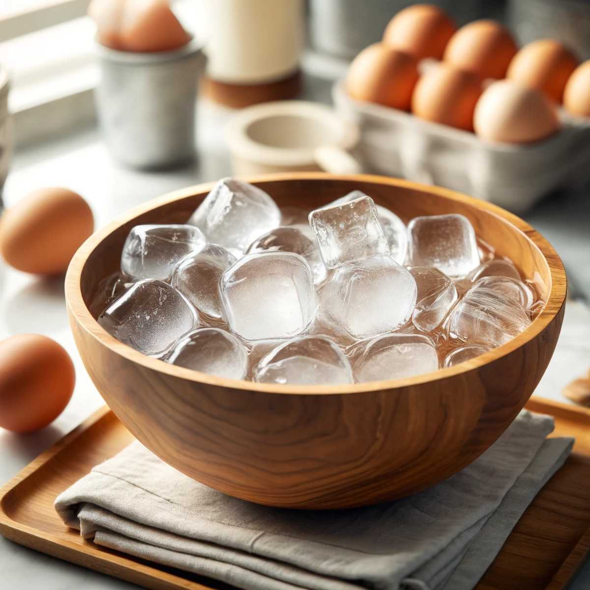 Ice bath prepared for shocking the soft boiled eggs.