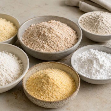 Bowls of different types of flour arranged on a kitchen counter.