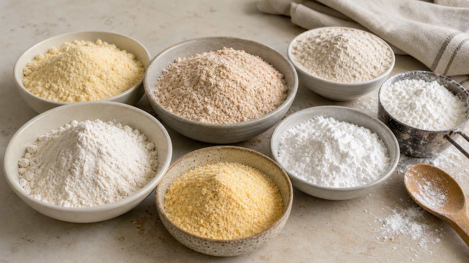 Bowls of different types of flour arranged on a kitchen counter.