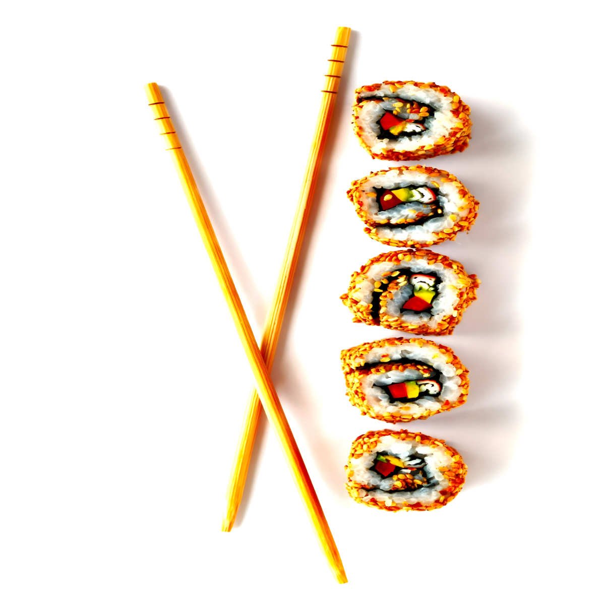 Sushi maki roll sliced into 5 pieces plated with chopsticks.
