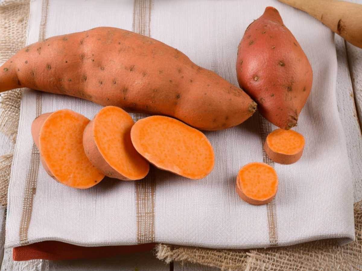 Fresh Beauregard sweet potatoes with orange flesh, whole and sliced on a kitchen counter.