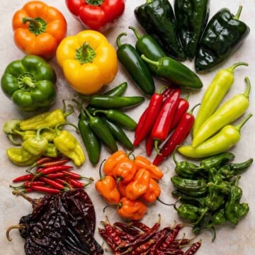 Alt text: Assorted types of peppers arranged by color, shape, and heat level including bell peppers, jalapeños, poblanos, habaneros, and dried chiles.