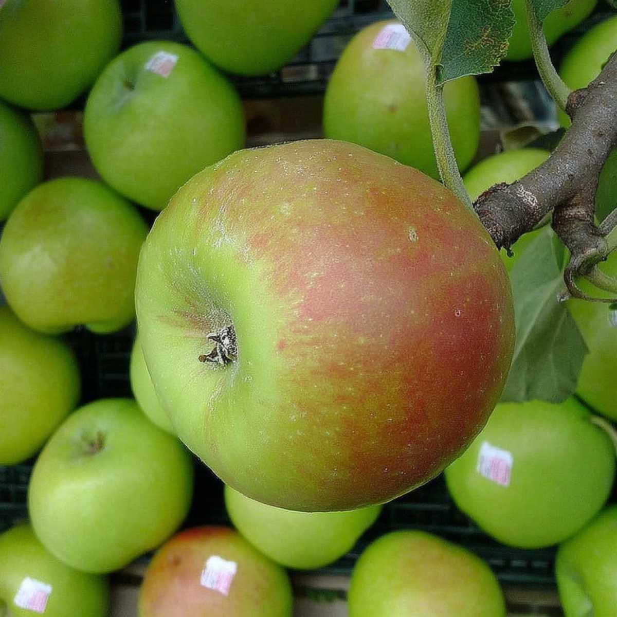 Close-up of a Bramley apple on the tree with green and red skin, surrounded by freshly picked apples at a market display.