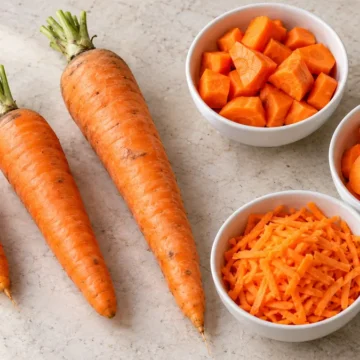 Three whole carrots in different sizes with bowls of chopped, sliced, and shredded carrots.