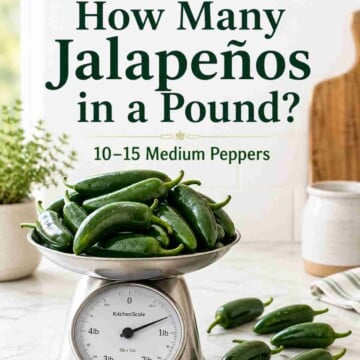Fresh jalapeños on a kitchen scale showing how many jalapeños are in a pound.