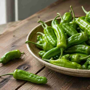 Fresh green shishito peppers on a wooden surface.