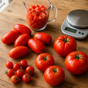 Fresh tomatoes with chopped tomatoes in a measuring cup and a kitchen scale showing how many tomatoes are in a pound.