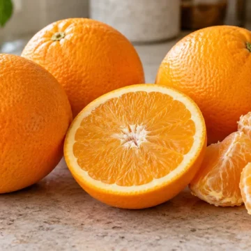 Three whole oranges with a halved orange and peeled sections