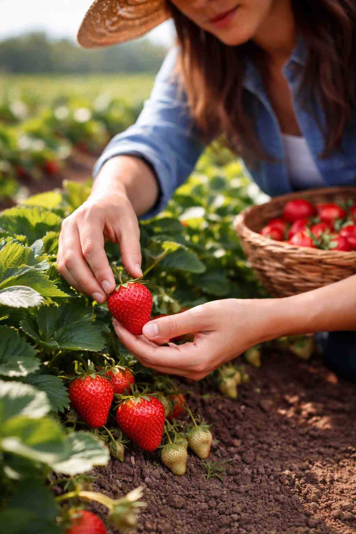 Person picking a ripe strawberry in a field during peak season.
