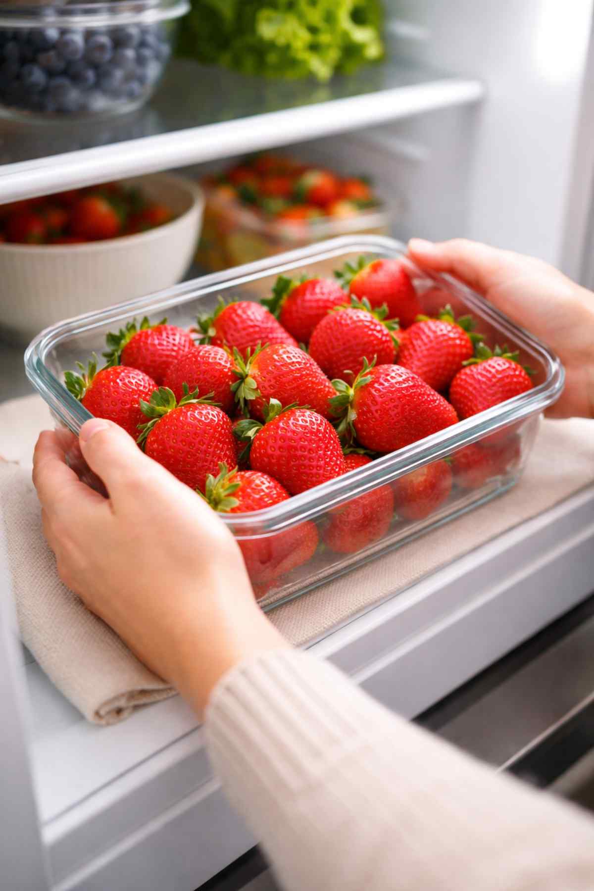 Fresh strawberries stored in a container in the refrigerator.
