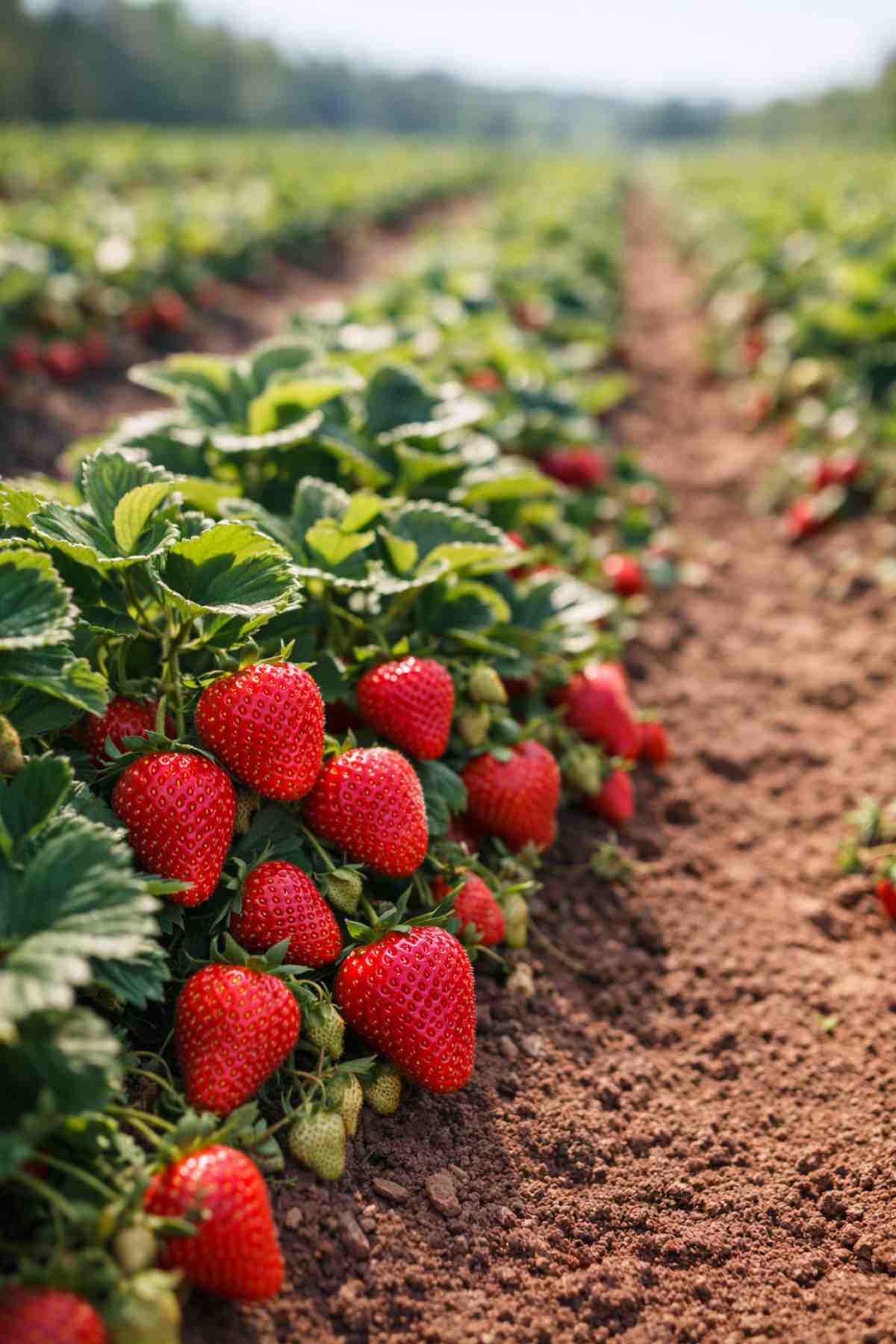 Ripe strawberries growing in a field during peak strawberry season.