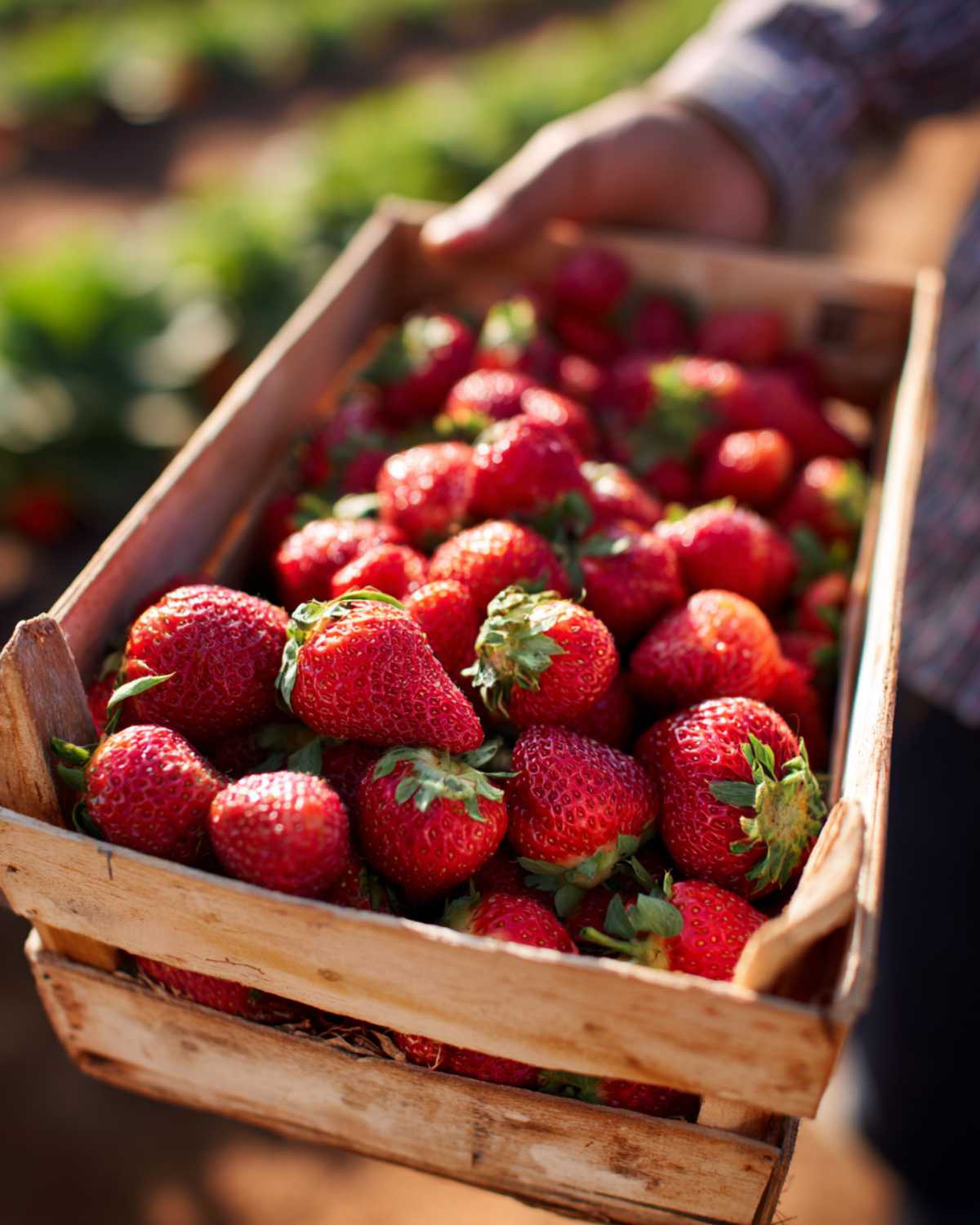 Fresh ripe strawberries in a wooden crate during peak strawberry season.