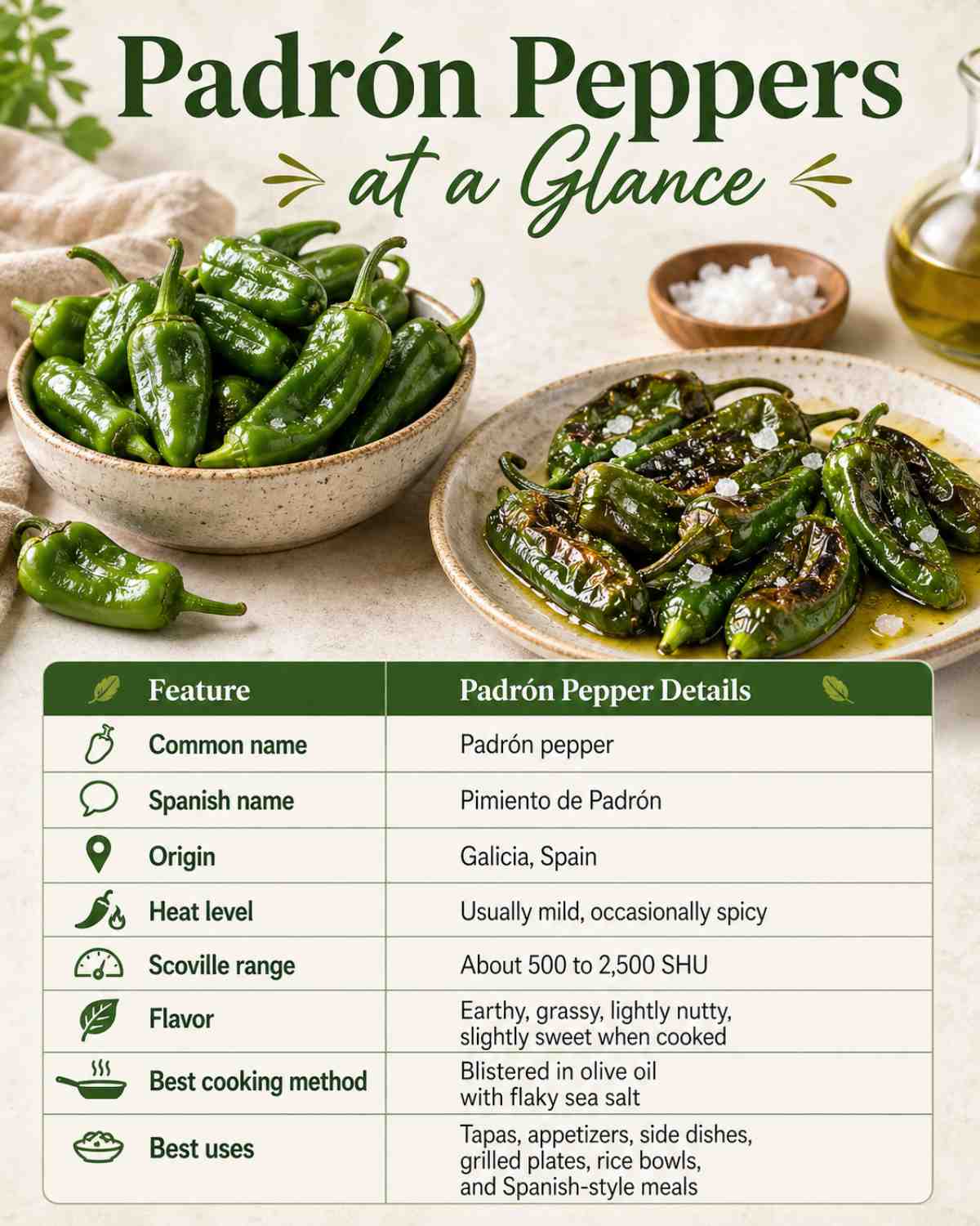 Padrón peppers at a glance chart showing heat level, flavor, origin, Scoville range, cooking method, and best uses
