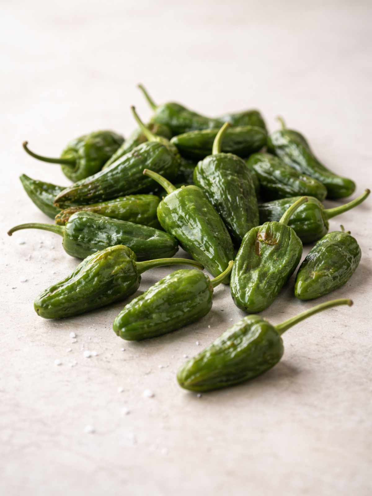 Fresh and blistered Padrón peppers in a skillet with flaky sea salt
