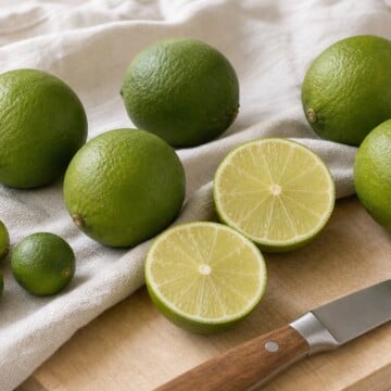 Types of limes in kitchen on white cloth in morning sunlight.