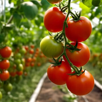 Red and green tomatoes ripening on the vine.