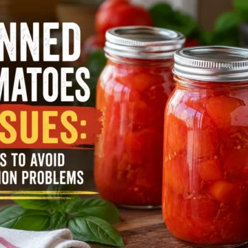 Jars of canned tomatoes with overlay text about canned tomato issues and tips to avoid common problems.