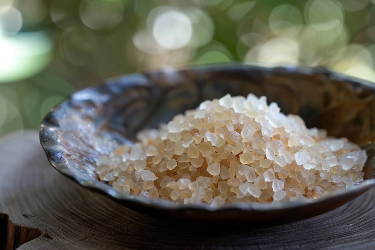 Baja Gold Sea Salt in serving bowl. You can see the earth tones of browns within the salt.