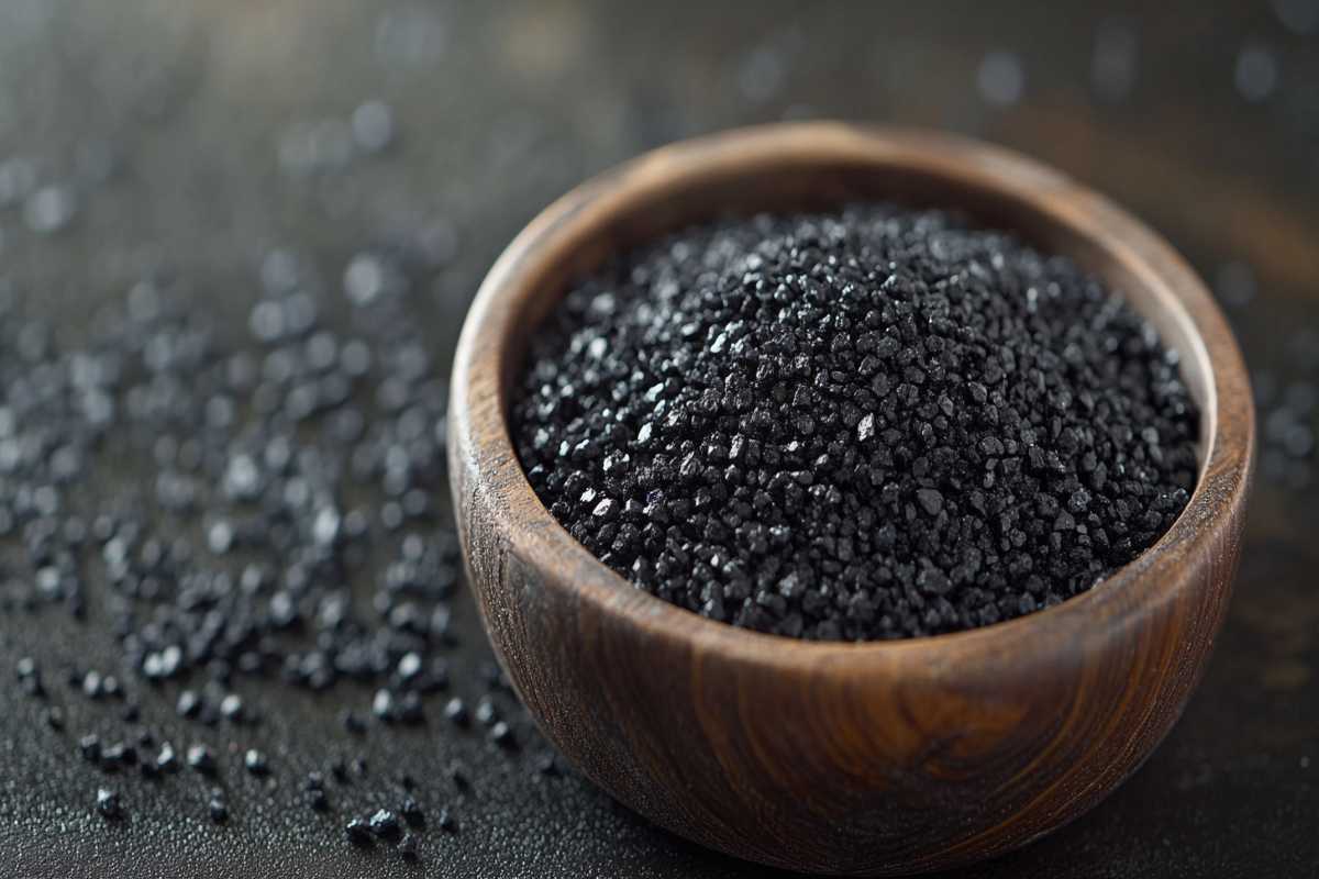 Black Salt (Kala Namak) in wooden bowl on dark background.