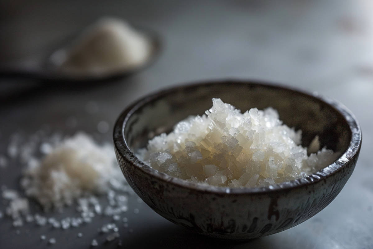 Celtic Sea Salt in bowl with salt on the table in the background.