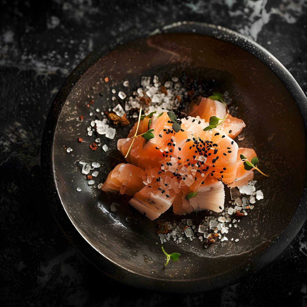 Plated sashimi poke with coarse sea salt on top. Black circle plate on dark background.