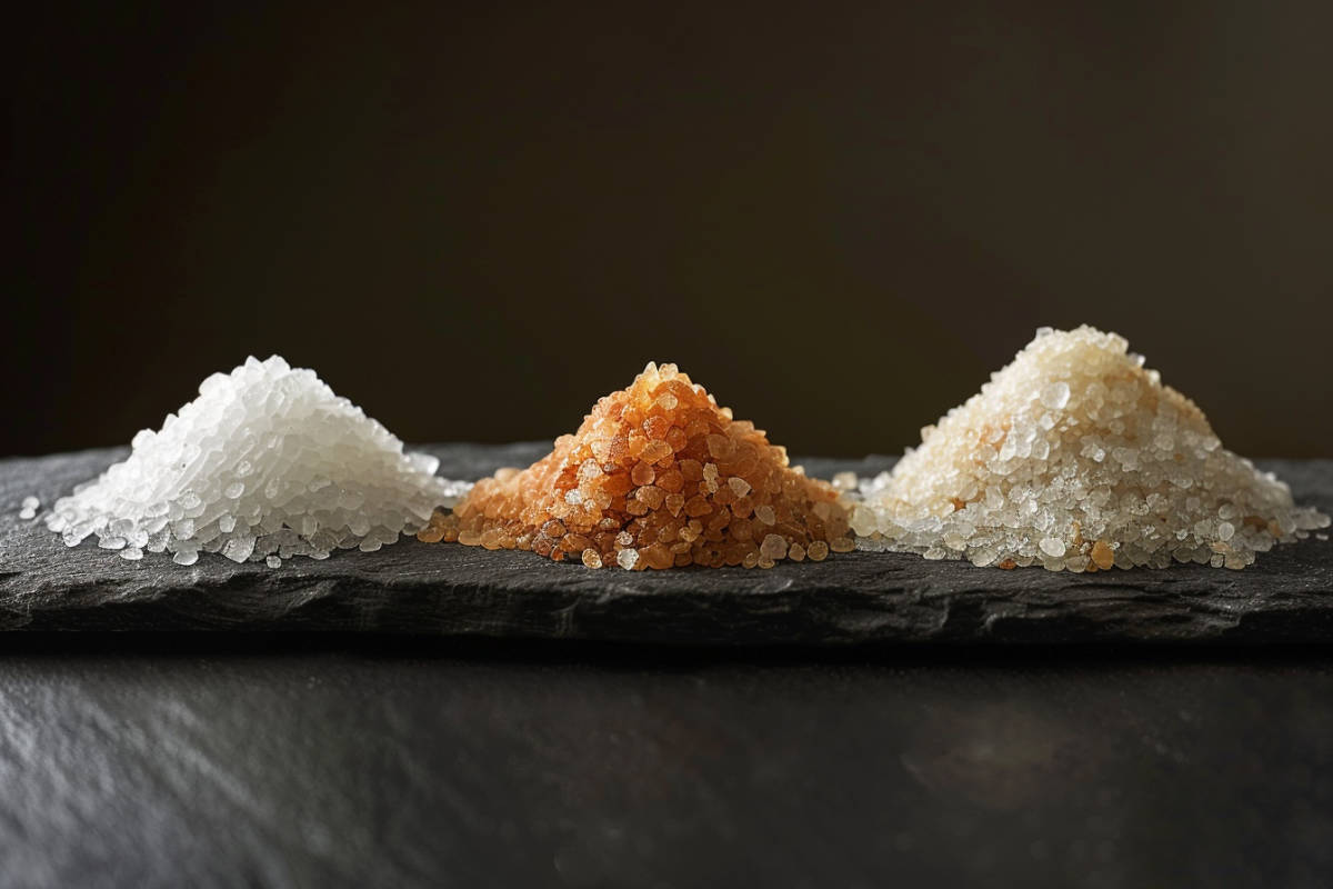 Display of Himalayan Sea Salt, Celtic Sea Salt, and Baja Gold Sea Salt on black background.