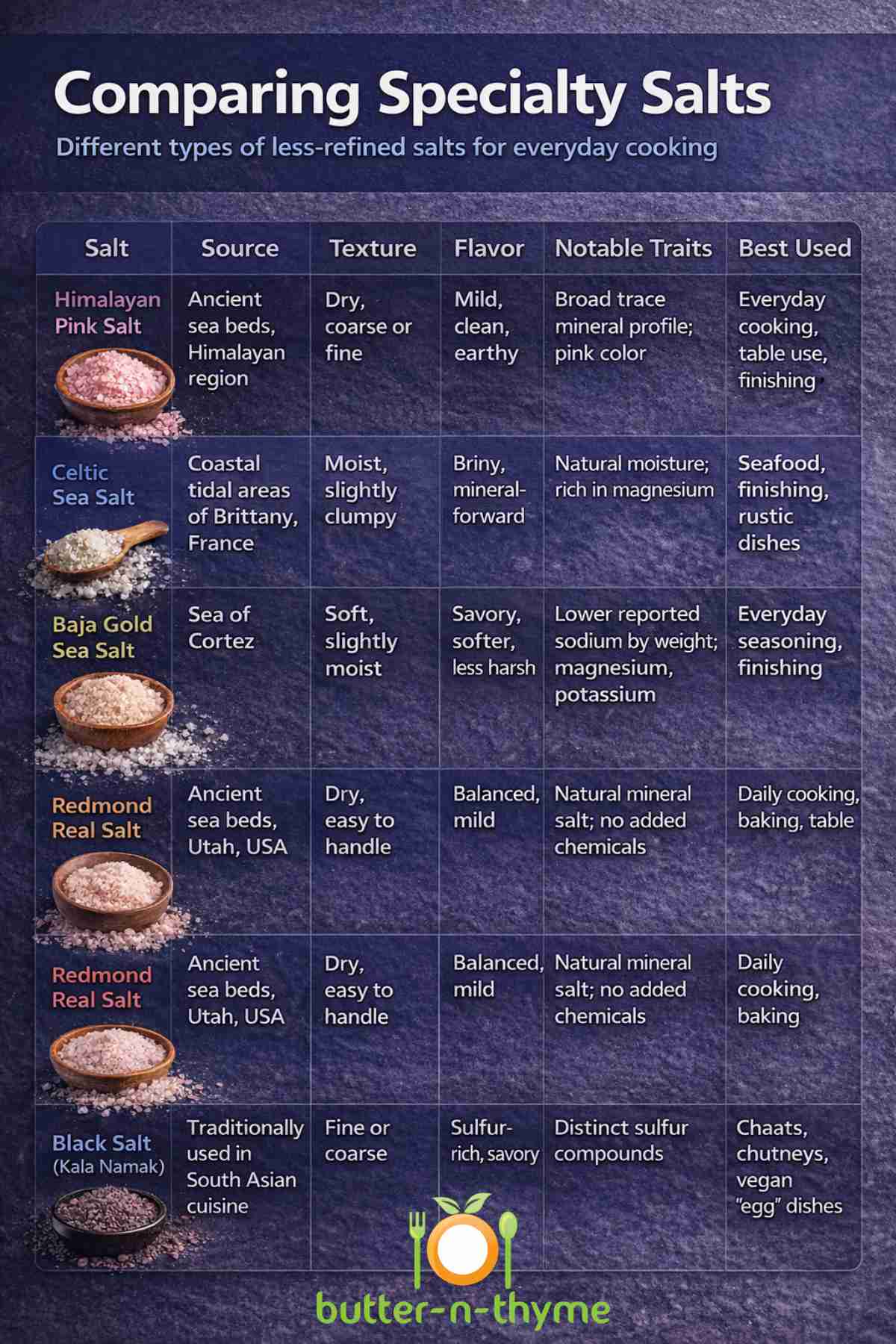 Quick visual guide: Compare texture, flavor, mineral profile, and best use in one place.