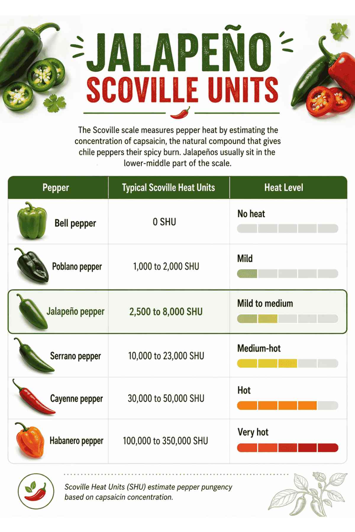 Jalapeño Scoville units chart comparing bell pepper, poblano, jalapeño, serrano, cayenne, and habanero heat levels