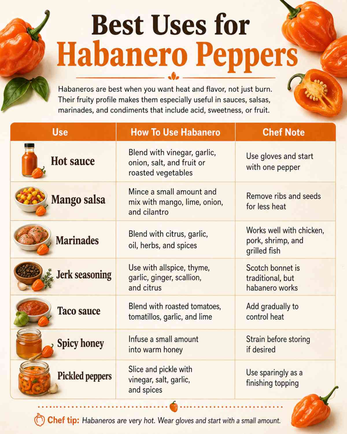 Best uses for habanero peppers infographic showing hot sauce, mango salsa, marinades, jerk seasoning, taco sauce, spicy honey, and pickled peppers