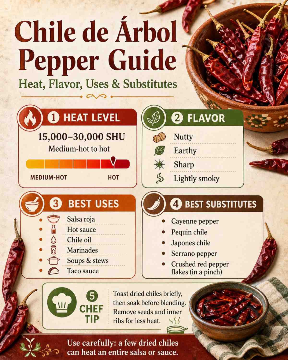 Chile de arbol pepper guide showing heat level, flavor, best uses, substitutes, and chef tips