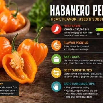 Fresh orange habanero peppers on a rustic wooden surface with a cut pepper showing seeds.