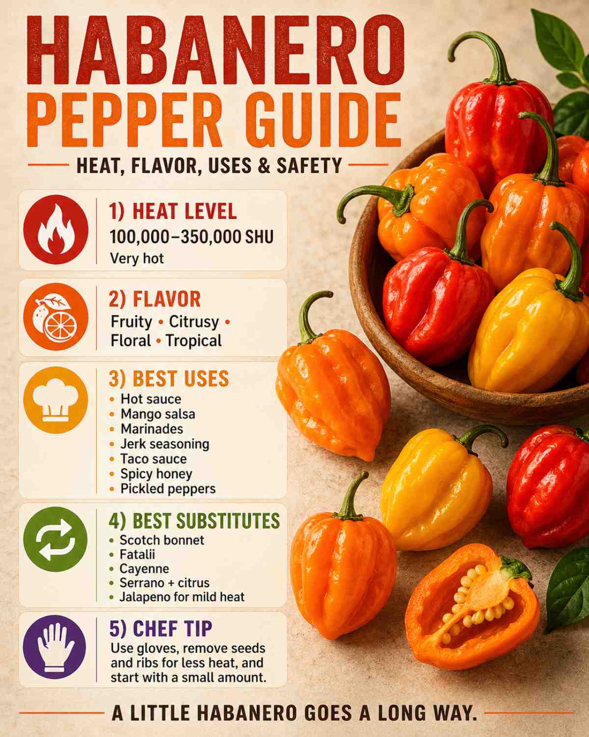 Habanero pepper guide showing Scoville heat level, flavor, best uses, substitutes, and safe handling tips