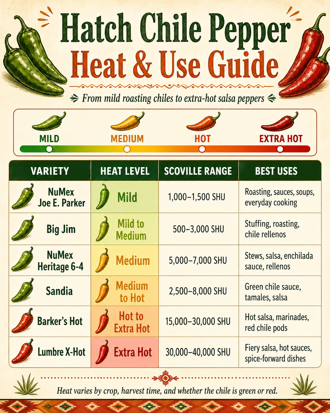 Hatch chile pepper heat and use guide showing Scoville ranges and best cooking uses for Big Jim, Sandia, Barker’s Hot, Lumbre, NuMex Heritage 6-4, and Joe E. Parker