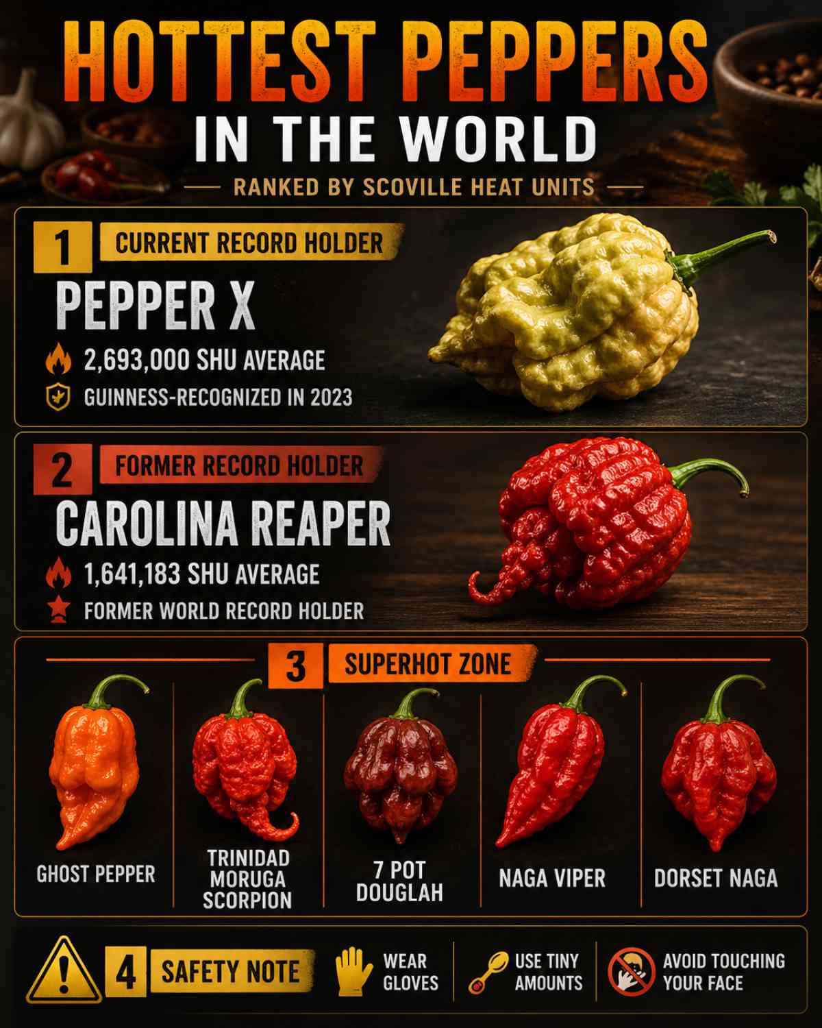 Hottest peppers in the world infographic ranked by Scoville heat, featuring Pepper X, Carolina Reaper, ghost pepper, Trinidad Moruga Scorpion, 7 Pot Douglah, Naga Viper, and Dorset Naga