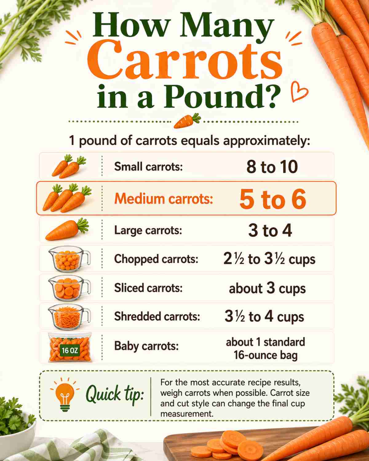 How many carrots in a pound infographic showing small, medium, large, chopped, sliced, shredded, and baby carrot conversions