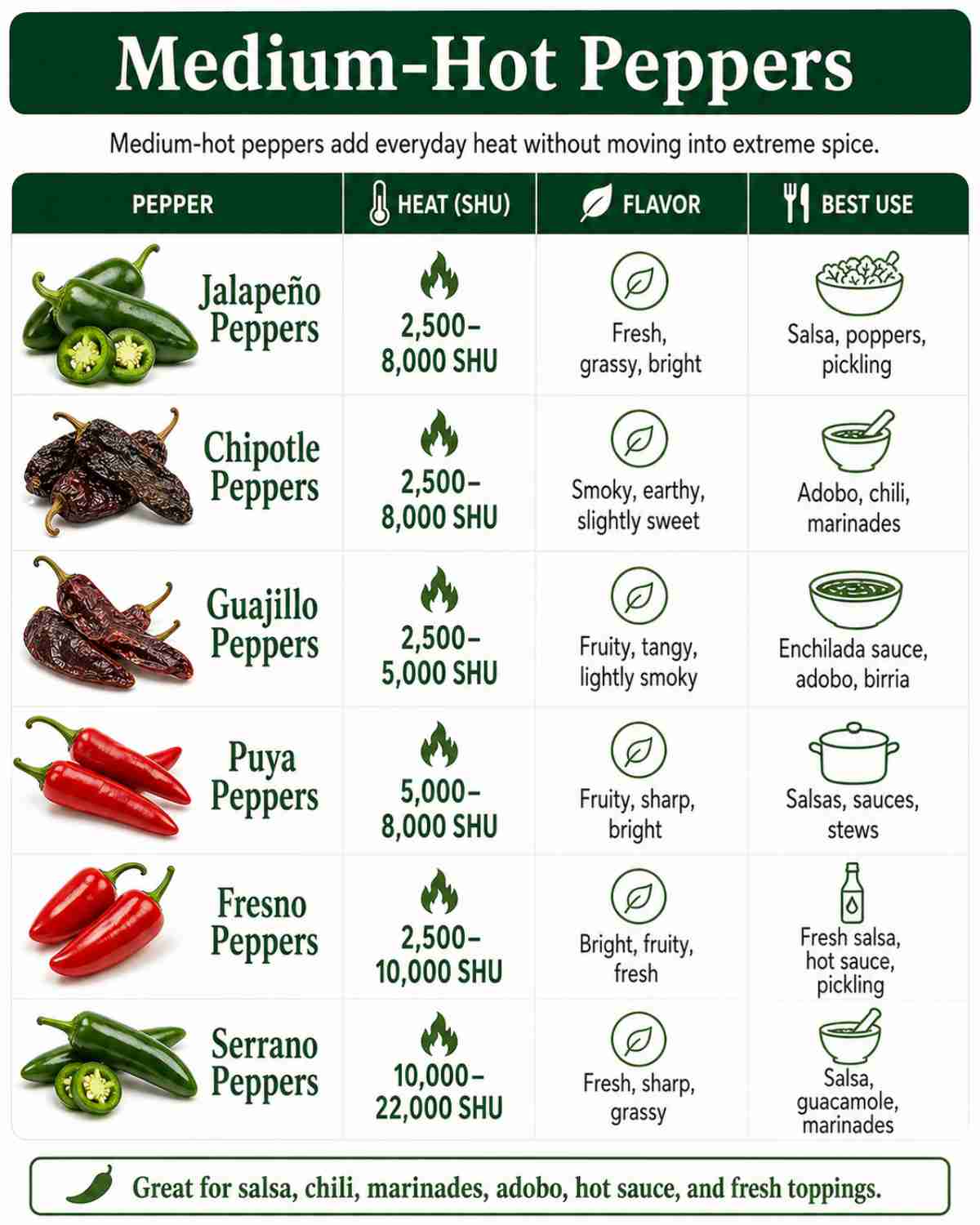 Medium-hot peppers heat chart comparing jalapeño, chipotle, guajillo, puya, Fresno, and serrano peppers by SHU, flavor, and best uses