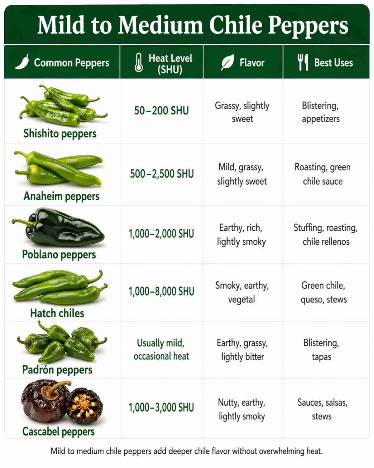 Mild to medium chile peppers heat chart showing shishito, Anaheim, poblano, Hatch, padrón, and cascabel peppers by SHU, flavor, and best uses