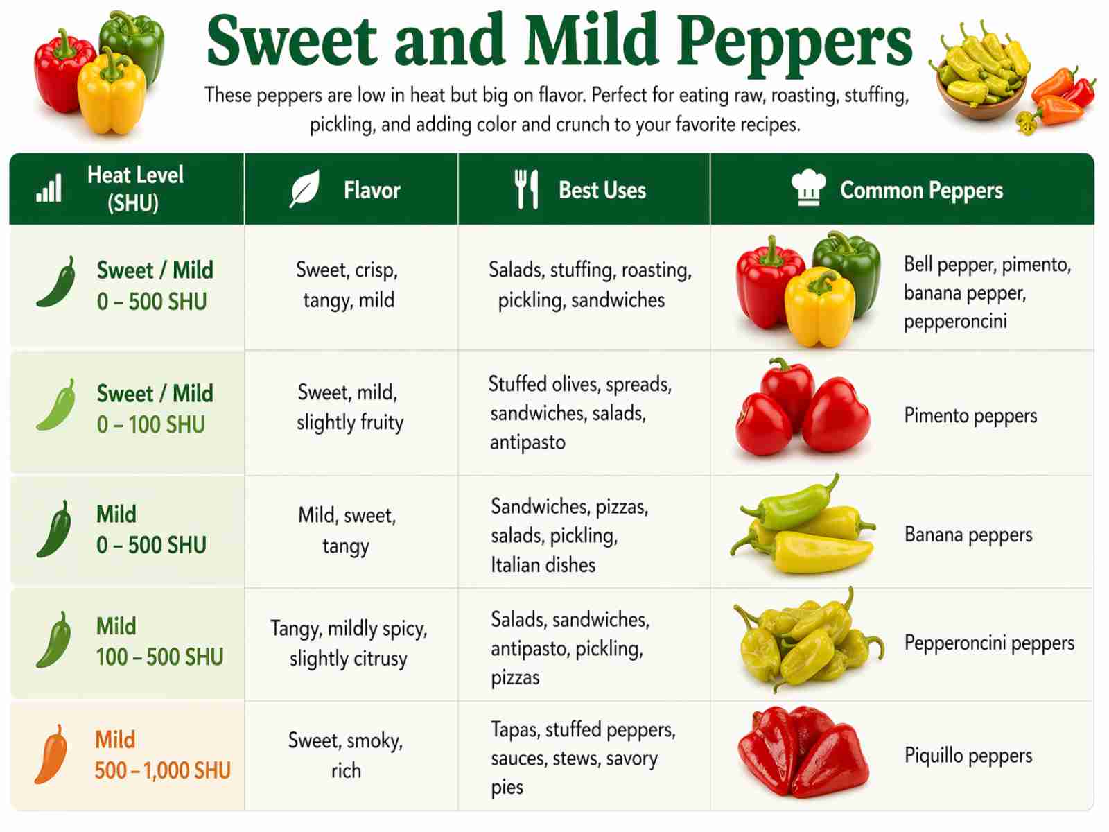 Sweet and mild peppers heat chart showing bell peppers, pimentos, banana peppers, pepperoncini, and piquillo peppers by SHU, flavor, and best uses