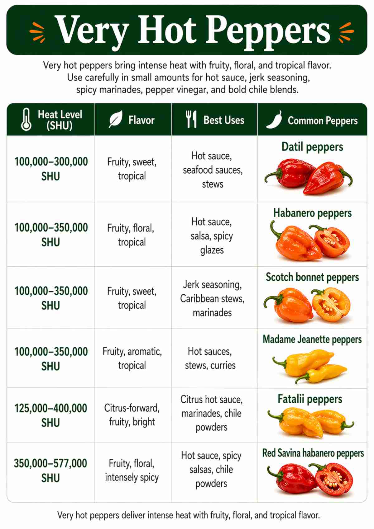 Very hot peppers heat chart comparing datil, habanero, Scotch bonnet, Madame Jeanette, Fatalii, and Red Savina habanero peppers by SHU, flavor, and best uses