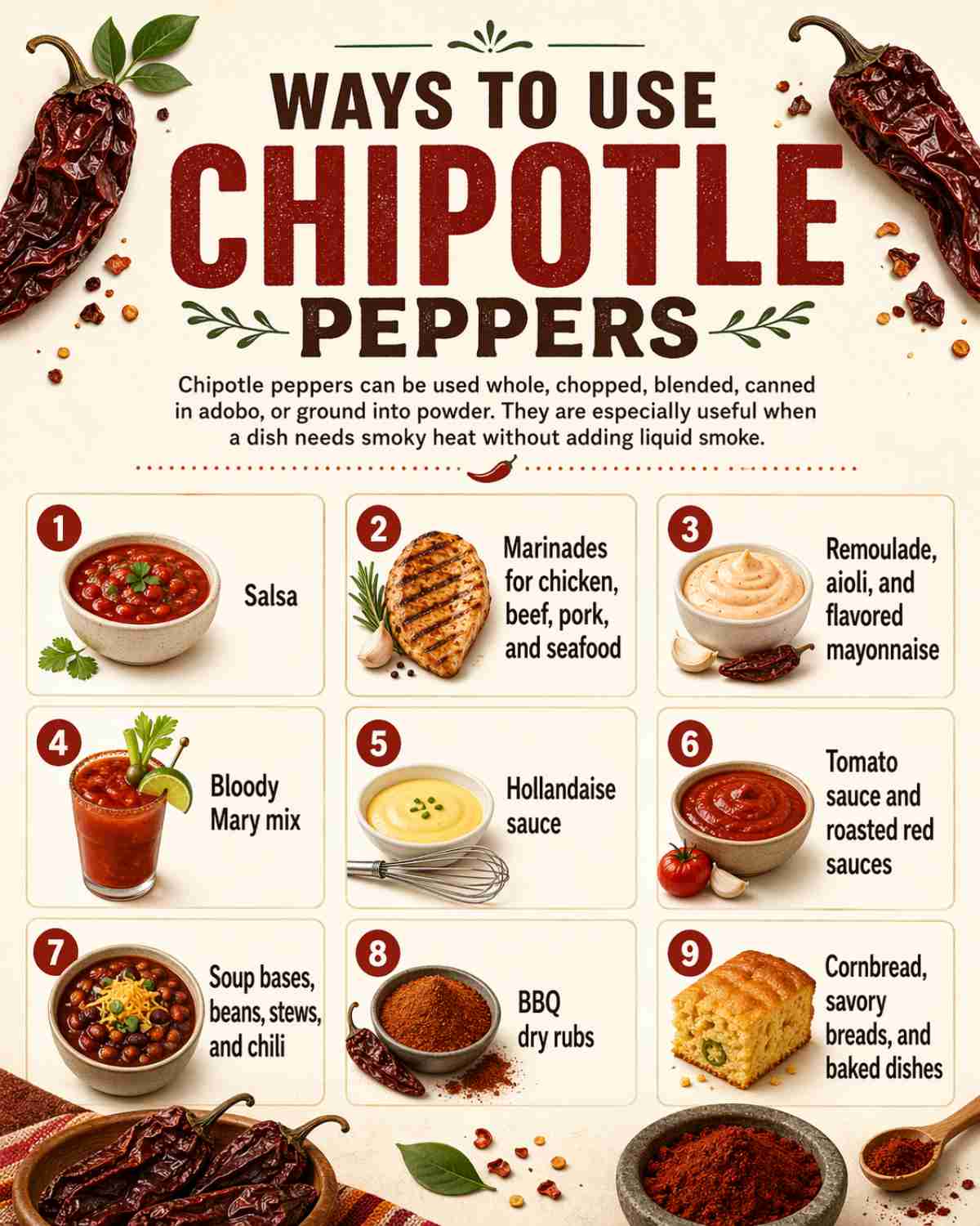 Ways to use chipotle peppers infographic showing salsa, marinades, adobo-style sauces, soups, chili, BBQ rubs, and savory breads