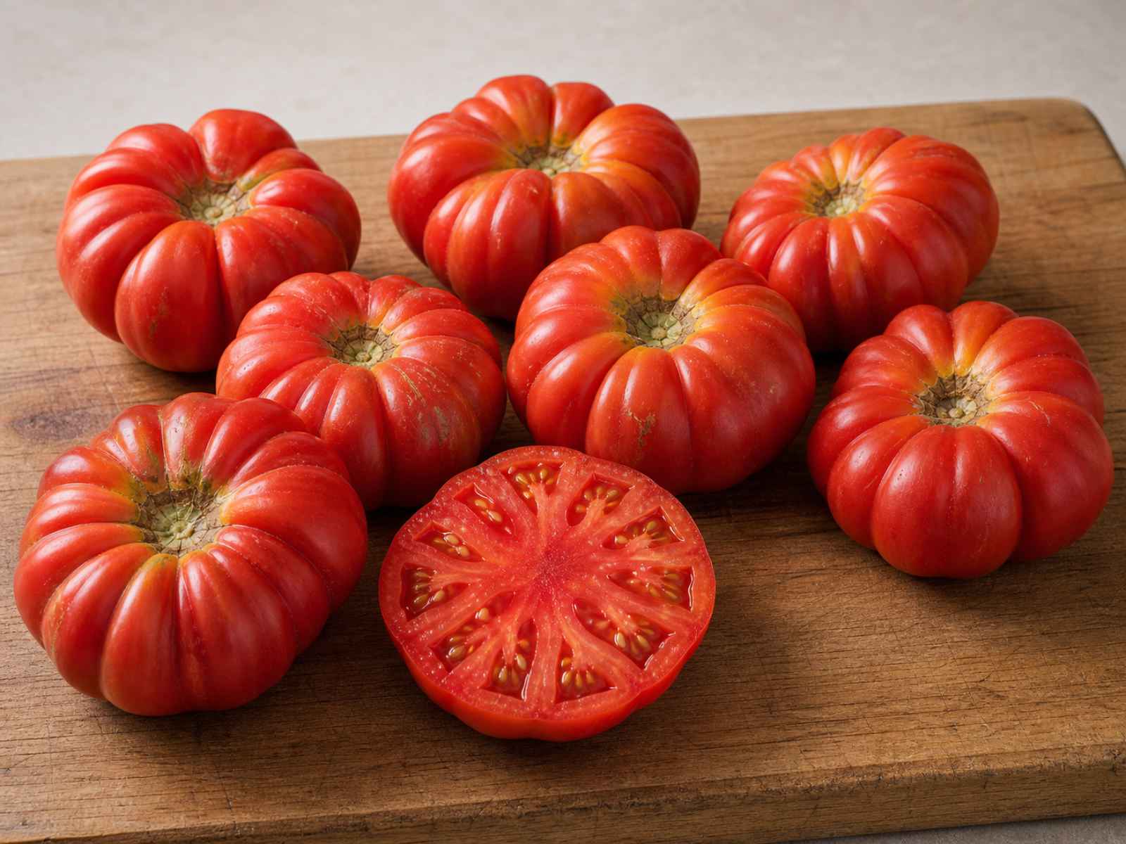 Costoluto Genovese tomatoes with deep ribbing on a wooden board
