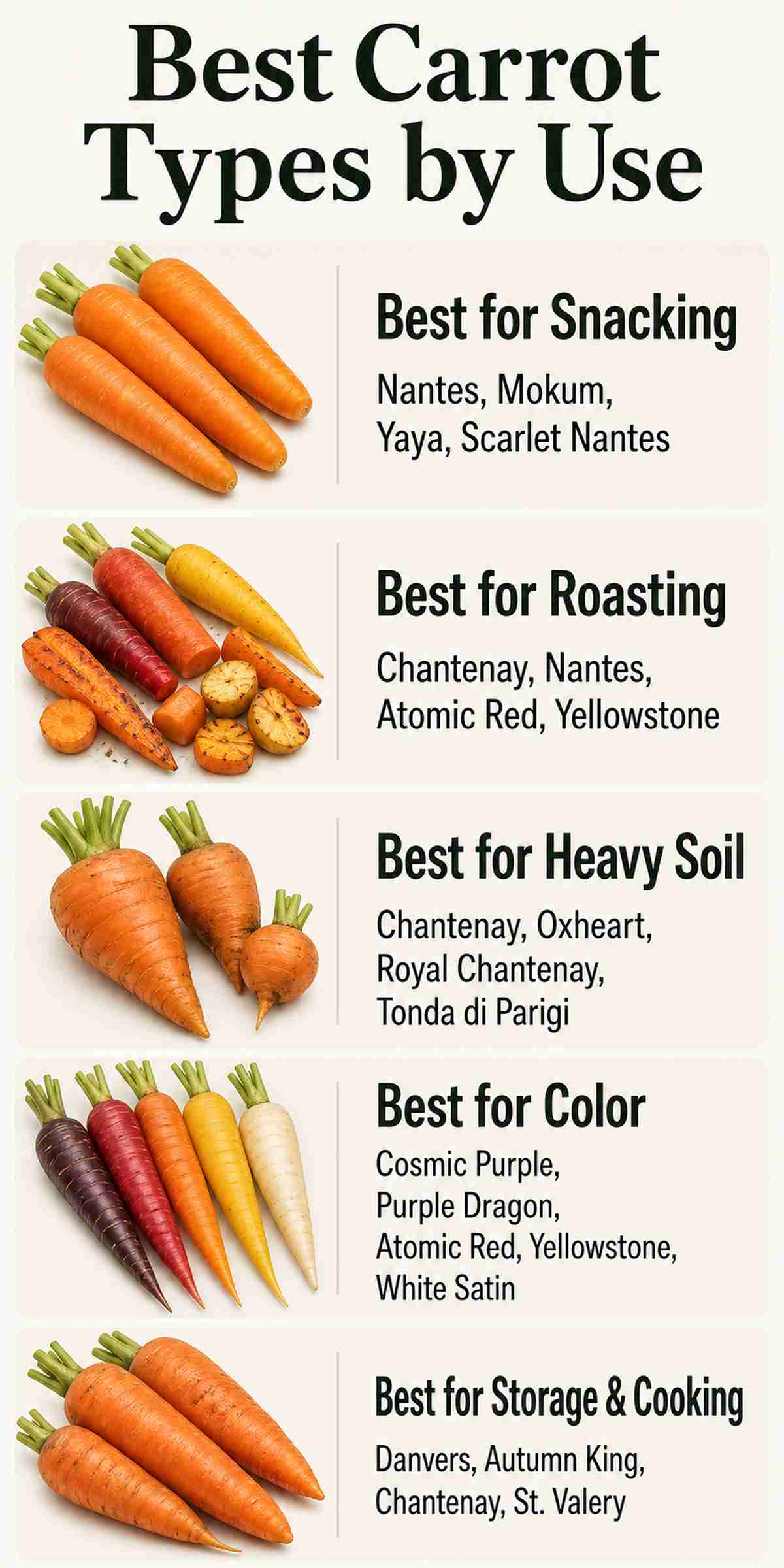 Infographic comparing the best carrot types for snacking, roasting, heavy soil, color, and storage