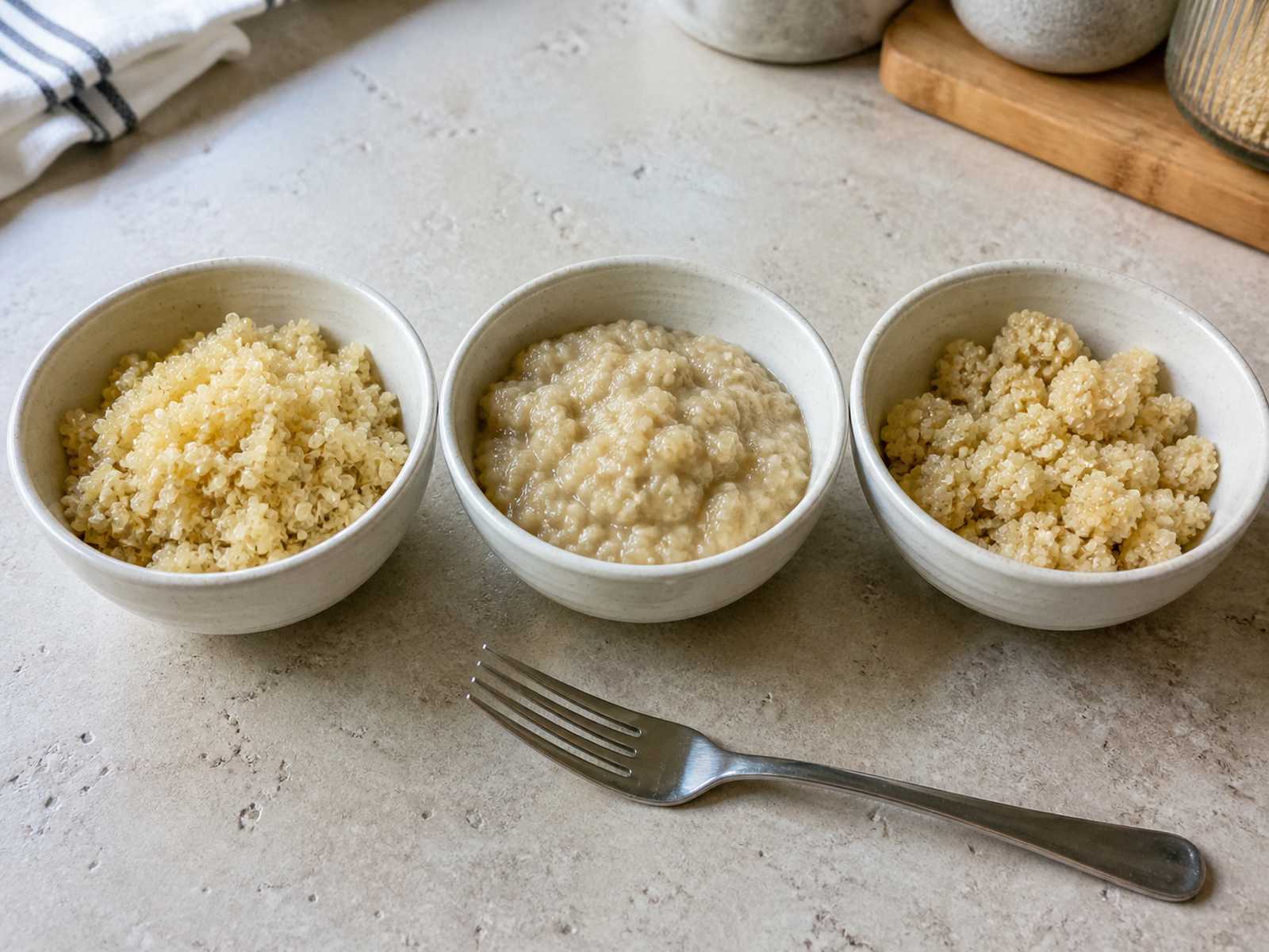 Three bowls of cooked quinoa showing fluffy, mushy, and dry textures.