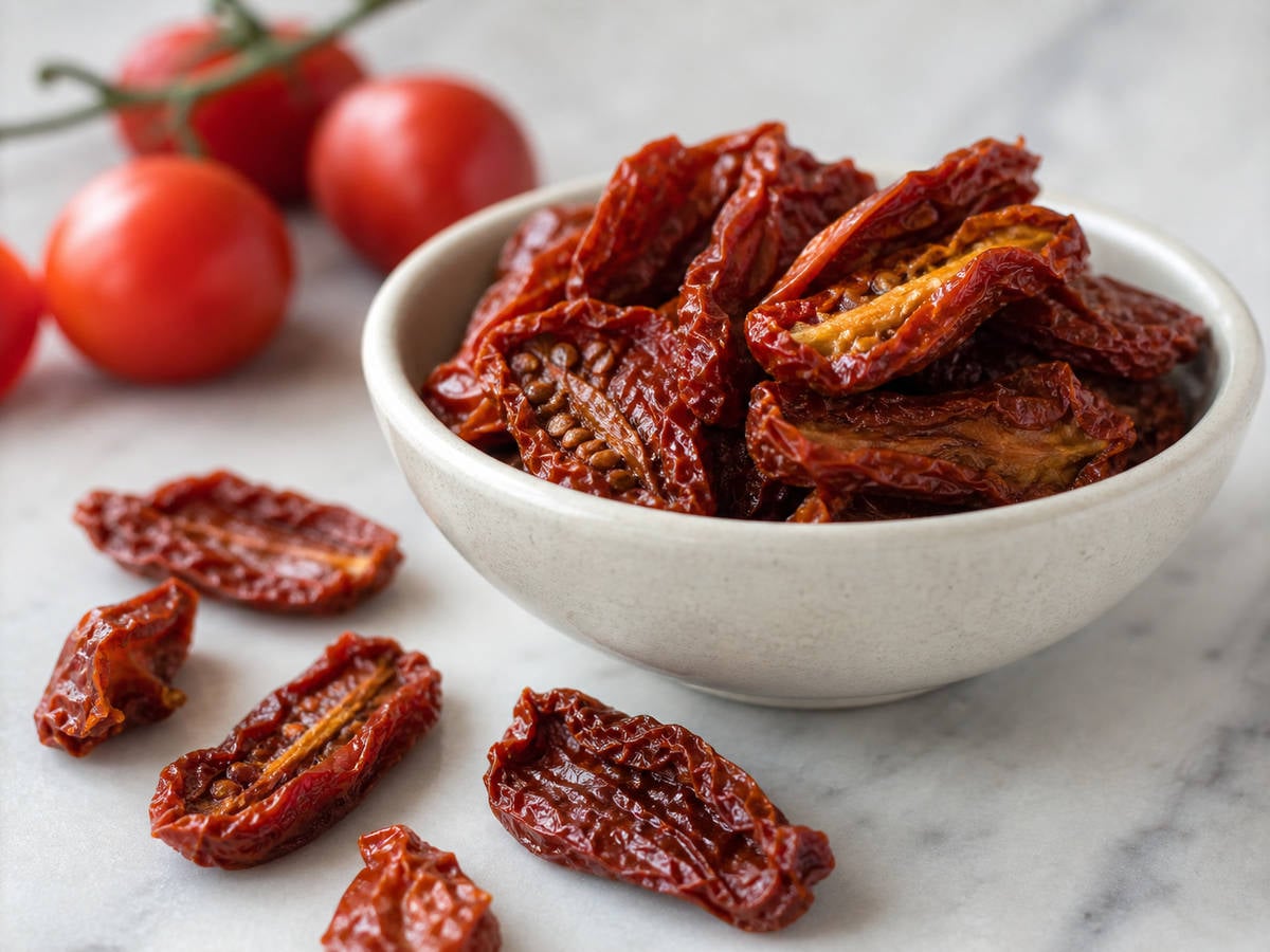 Dried tomatoes in a bowl with fresh tomatoes in the background