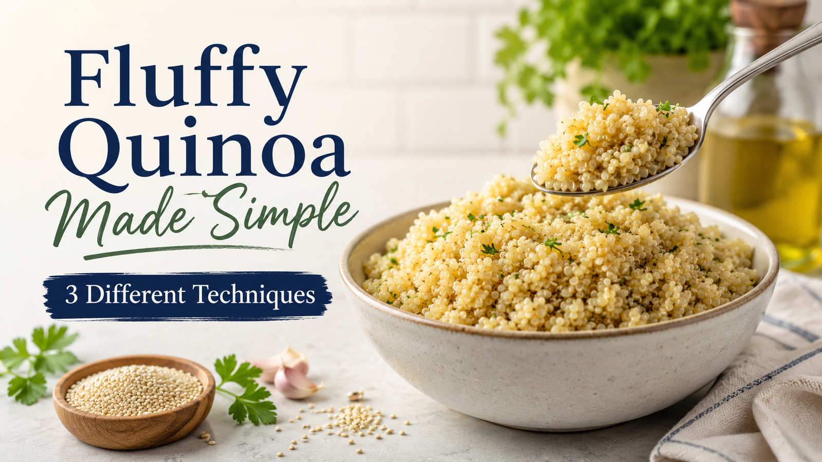 Bowl of fluffy cooked quinoa with separated grains and a spoon.