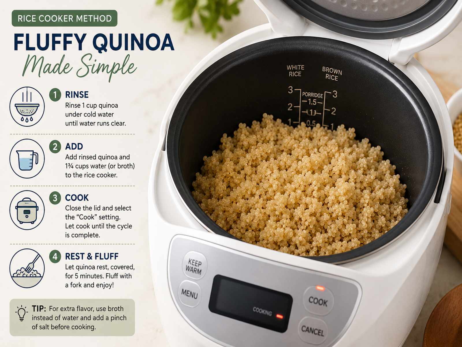 Fluffy cooked quinoa inside a rice cooker insert.