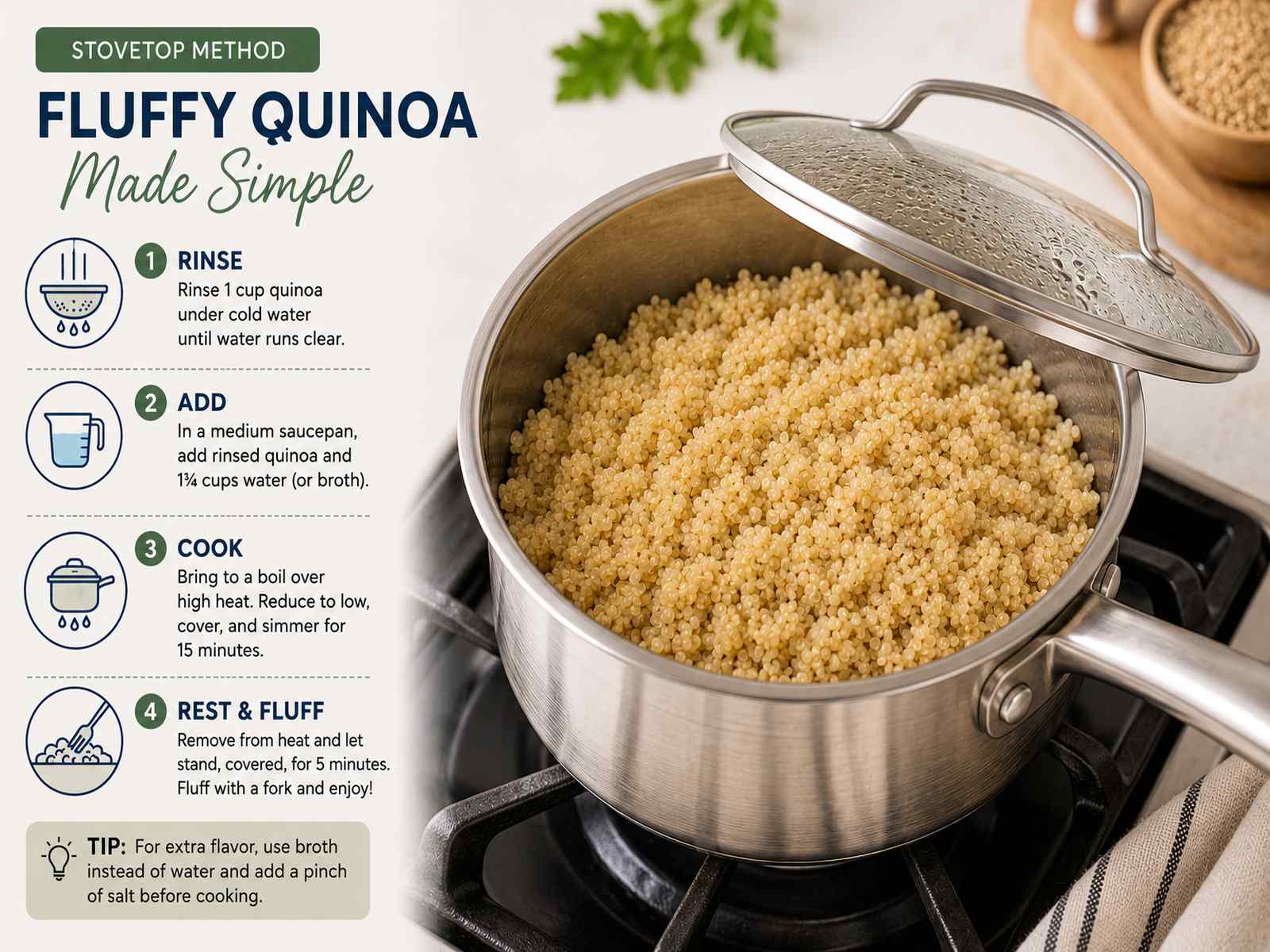 Fluffy cooked quinoa in a saucepan for the stovetop method.