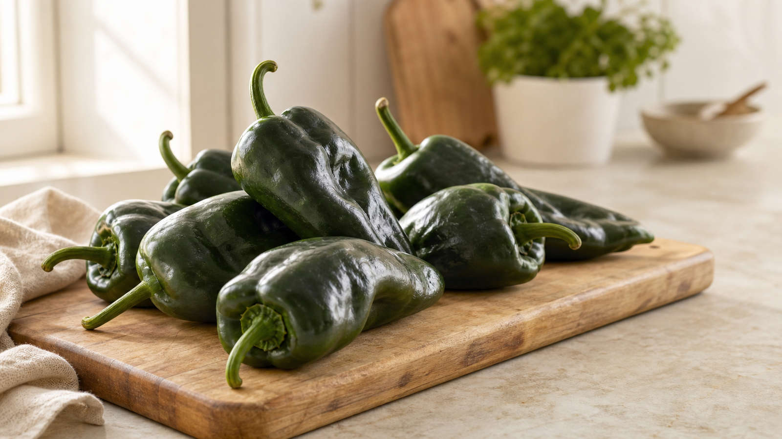Fresh green poblano peppers on a wooden cutting board in soft morning light