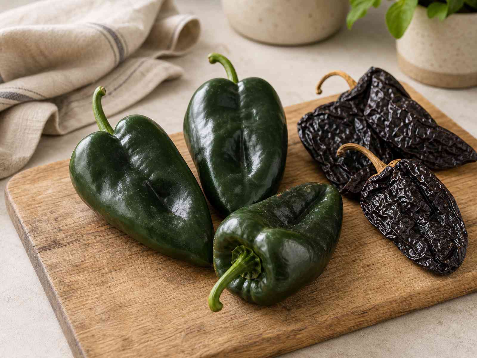 Fresh poblano peppers with dried ancho chiles on a wooden cutting board